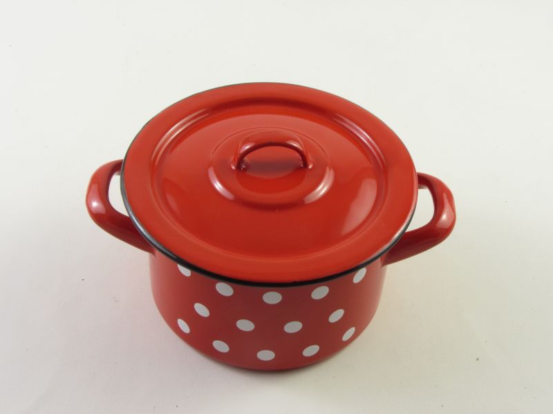 Bonyhádi zománcozott fazék fedővel 1,25 liter 14 cm - hagyományos piros pöttyös