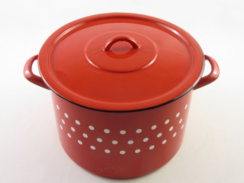 Bonyhádi zománcozott fazék fedővel 9,5 liter 26 cm - hagyományos piros pöttyös